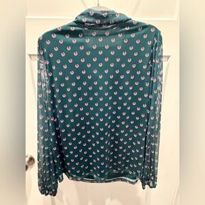 Wonderly Floral Print Blouse Size M Green Pink Long Sleeve Sheer Mock Neck Top